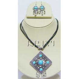 KNKS01013 Fancy Black Metal Turquoise Color Stone Necklace Set