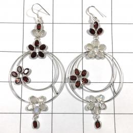 SAELS04068 Rainbow Moonstone, Garnet Earrings 925 Sterling Silver