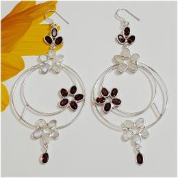 SAELS04069 Rainbow Moonstone, Garnet Earrings 925 Sterling Silver